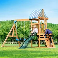 Wooden Swing Set, All-in-One Kids Outdoor Play Equipment with Two Swings, Slide, Blackboard, Telescope, Fort, Outdoor Playset 1