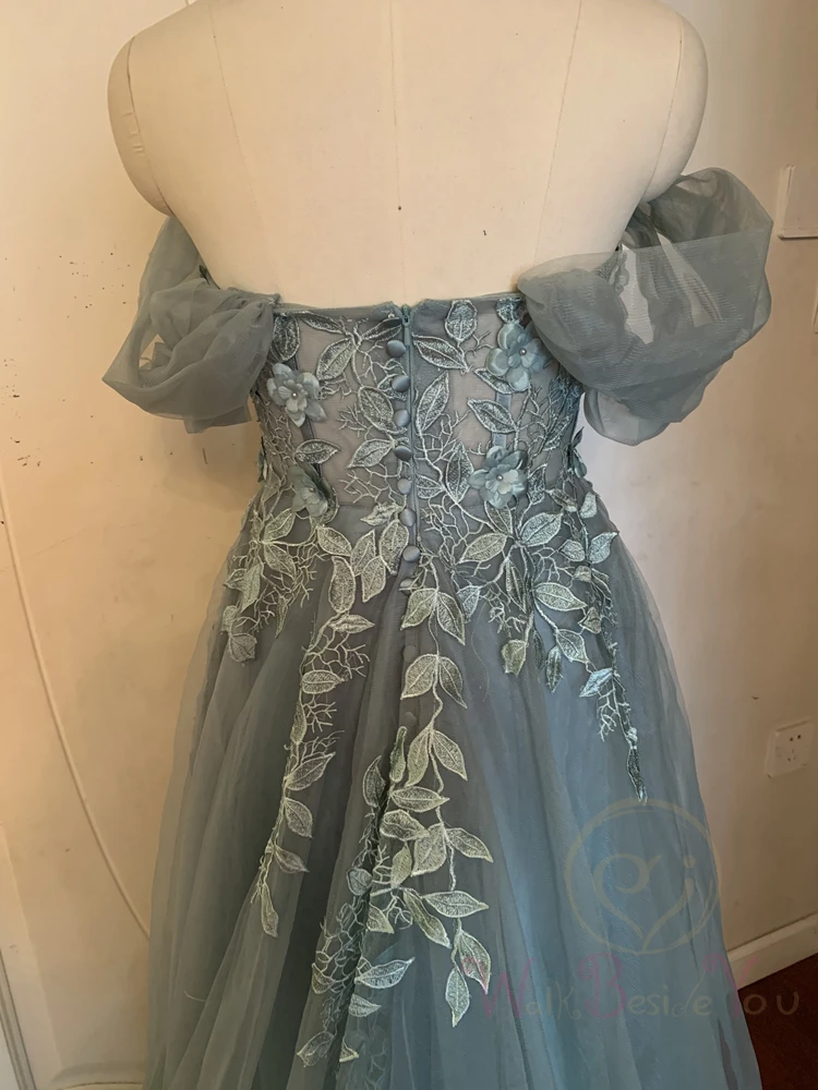 Green Prom Dresses Lace Applique Floral Removable off shoulder