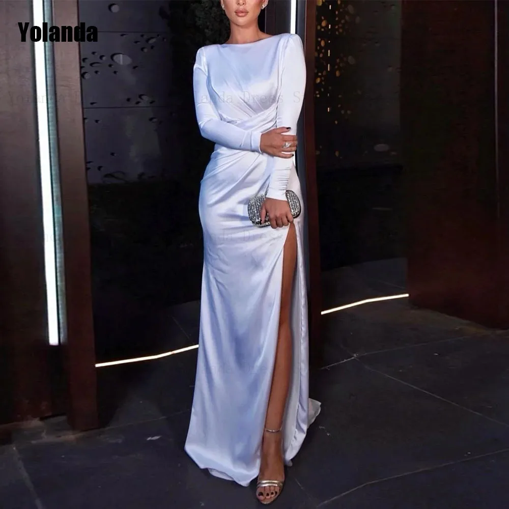 

Fashion 2024 Ivory A-line Evening Dresses O-Neck Full Ruffle Front Split Satin Strapless Party Dress Floor Length Robe de soirée