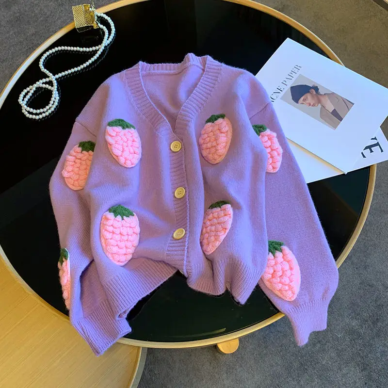 

Design sense pink three dimensional strawberry knitted sweater women autumn lazy style long sleeved cardigan sweater jacket tide