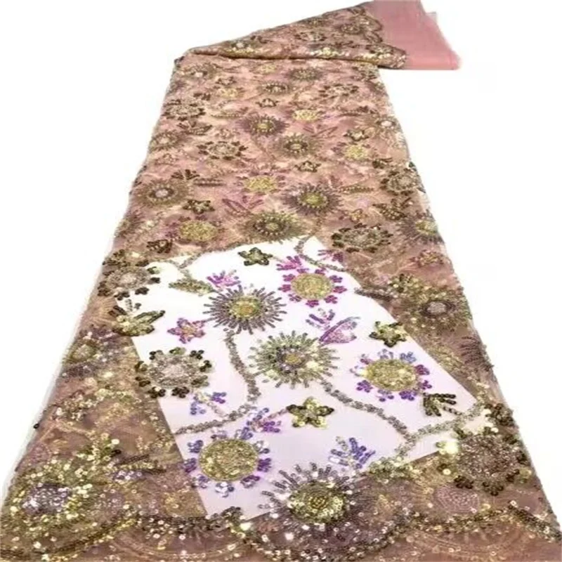 

Pink Hing-End Luxury French Embroidery Bead Tube Lace Fabric African Nigerian With Sequins Fabric For Wedding Dress Yellow