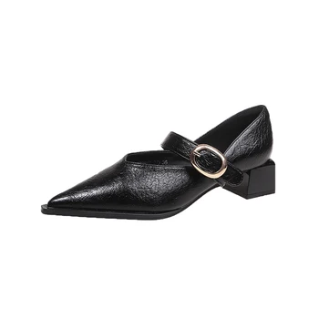 2024 Autumn Women Flat Shoes Fashion Low Wedge Heel Ladies Gold Buckle Ladies Mary Jane Shoes Pointed Toe Boat Shoes New Woman