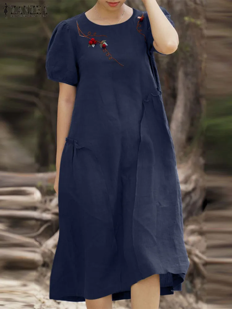

ZANZEA Summer Casual Short Sleeve Dress BohemianFloral Embroidery Dresses Woman Fashion O-Neck Sundress Elegant Party Robe 2023