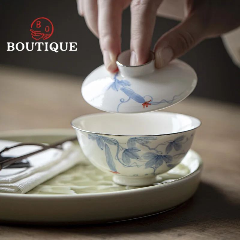 60ml Handpainted Luffa Ceramic Gaiwan Creative Silver Mouth Tea Tureen Thin Body Tea Maker Cover Bowl Cafes Equipment Collection