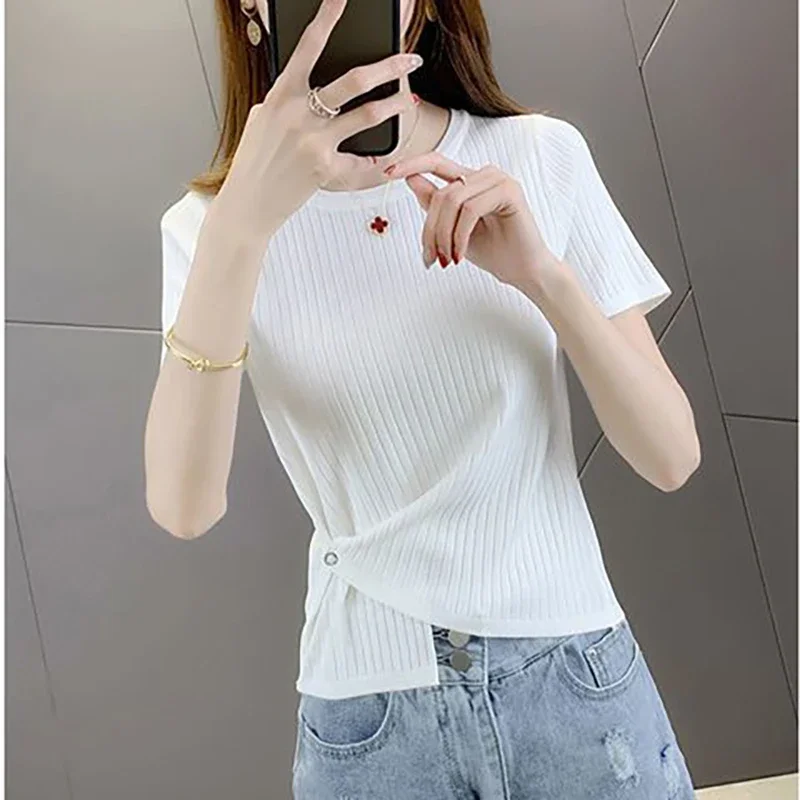 

Fashion O-Neck Solid Color Asymmetrical T-Shirts Women's Clothing Summer New Loose Knitted Casual Tops Irregular Tee Shirt ZL372