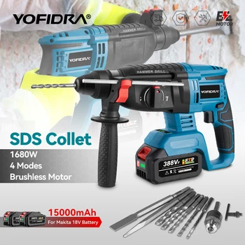 YOFIDRA Brushless Electric Hammer Impact Drill 26MM Cordless Woodworking Impact Drill Power Tools Set For Makita 18V Battery