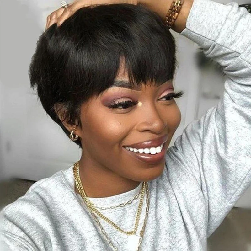 

Pixie Cut Short Wig With Fringe 100% Human Hair Colored Straight Bob Wig Full Machine Made Natural Brazilian Remy Hair For Women