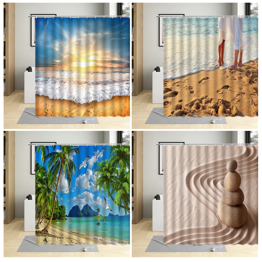 

Summer Seaside Shower Curtain Sea Beach Shell Bathroom Decor Palm Tree Ocean Scenery Curtains With Hook Waterproof Wall Covering