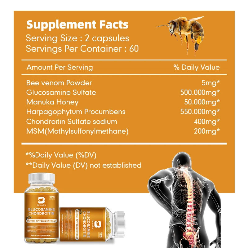 Glucosamine Chondroitin Bee Venom Extract Capsules for Joint & Knee Health No Pain Discomfort of Bones and Joint