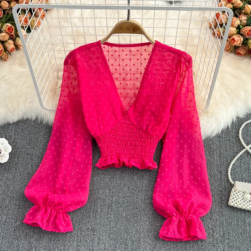 Blusas 여성용 긴팔 크롭탑 블라우스, 폴카 도트 V넥 블라우스, 여성 셔츠, 드롭쉬핑