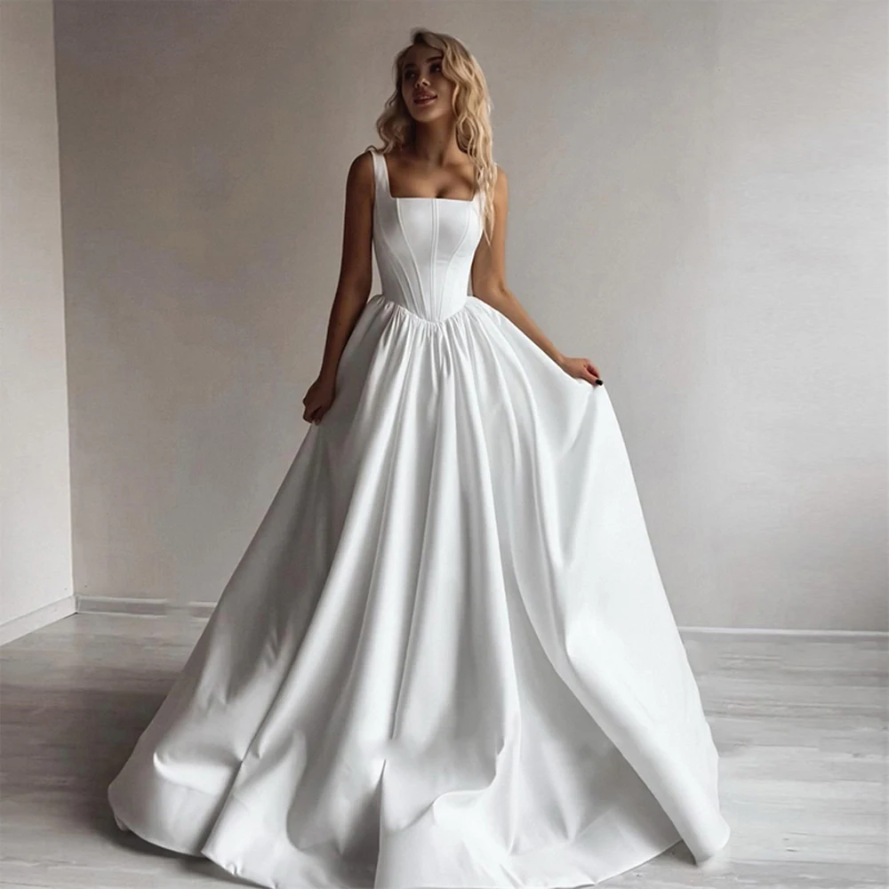 Simple Satin Women Wedding Dresses Sexy Backless A-Line Formal Party Sleeveless Floor Mopping Vestidos De Novias 2024 Customized 3