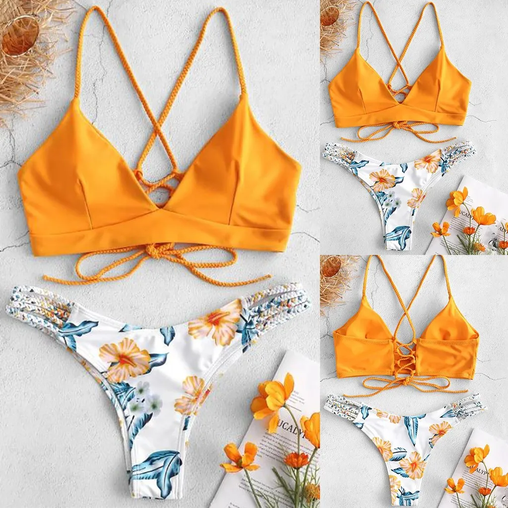 

Flower Bikini Cut Pushups Beachwear Swimsuit Two Piece Wwomen'S Swimwear Swimwears Tankinis Set