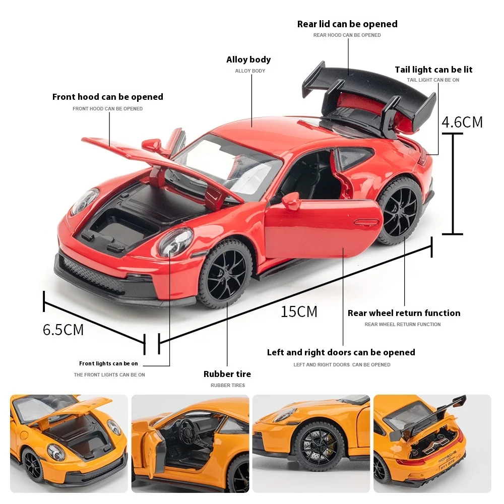 1:32 포르쉐 911 GT3 Supercar 합금 금속 다이캐스트 모델 자동차 사운드 및 라이트 어린이 장난감 어린이를위한 생일 선물 미니 GT 소년