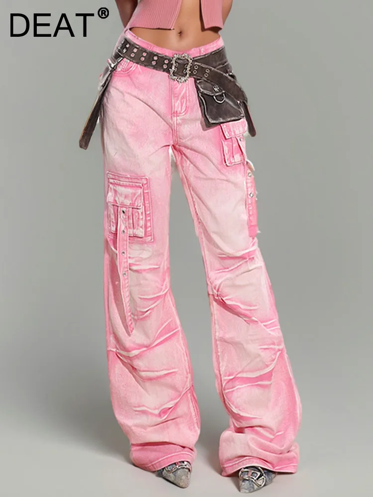 

DEAT Vintage Fashion Women's Multi Pockets Wrinkled Jeans 2024 Summer Trendy High Waist Straight Cargo Pants Female 33A1430