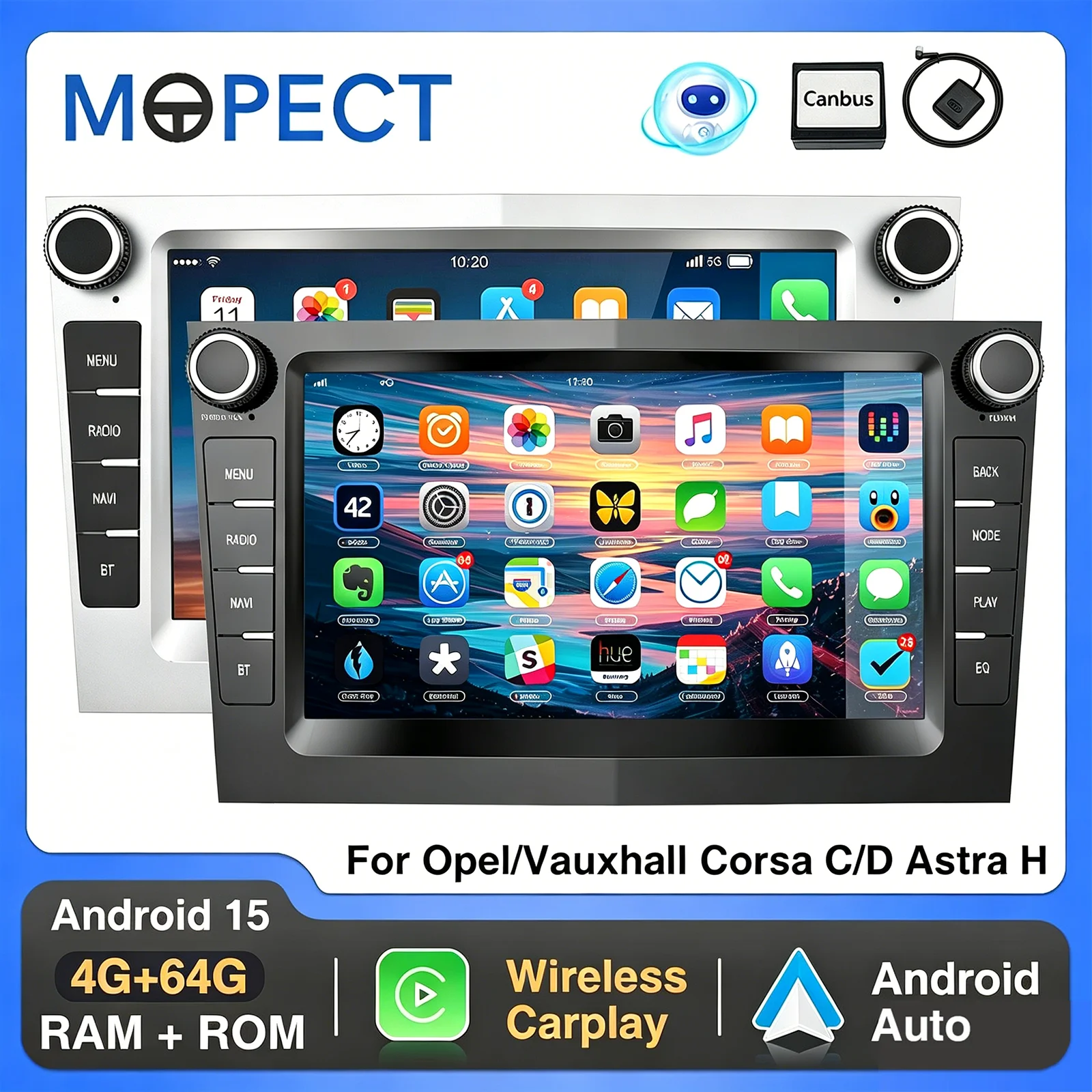 Radio para Auto MOPECT de 7 Pulgadas, 4+64G, Android 15, para Opel Astra H G Zafira B Corsa C Antara Vectra Vivaro, Reproductor Multimedia de Video, DAB+ 1