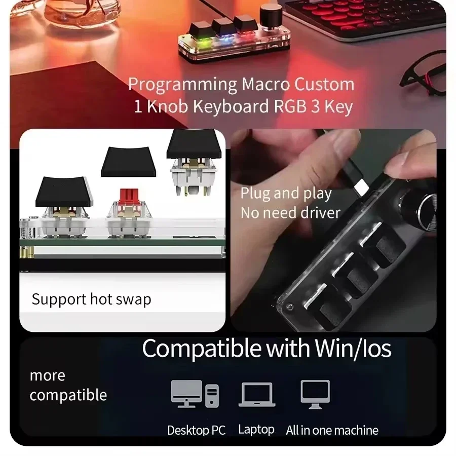 미니 기계식 키보드 3 키 1 손잡이 USB RGB 매크로 키보드 게임 사용자 정의 프로그래밍 손잡이 키보드 Photoshop 용 휴대용
