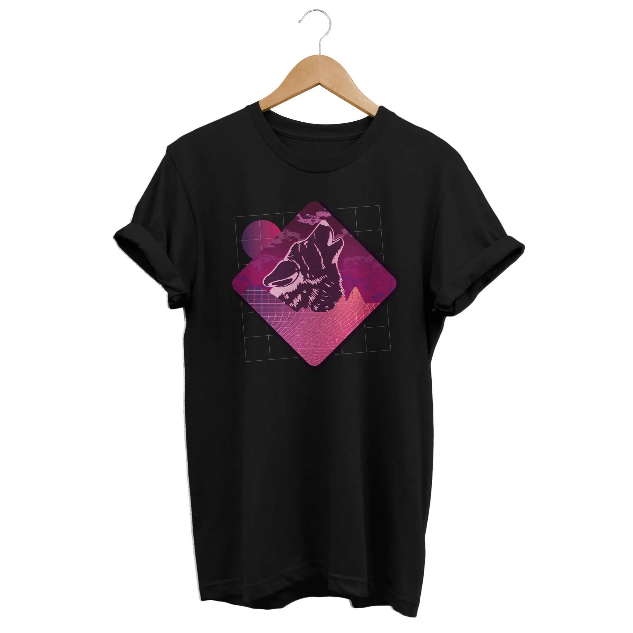 Футболка с волком и Луной Waporwave, эстетичная Футболка с волком и луной, футболка с волнистыми волнами в стиле ретро, уличная одежда для футуризма