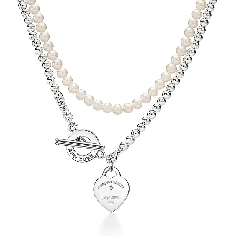 

Women's Luxury Jewelry 925 Sterling Silver OT Heart Shape Pendant Pearl Necklace Bracelet LOGO Wedding Party Holiday Gift