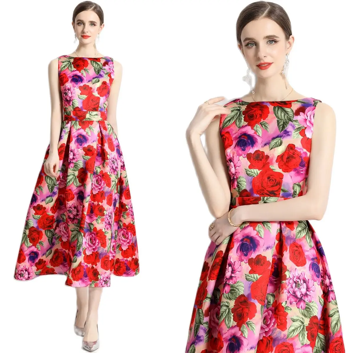 

2023 Summer Floral Midi T-shirt Dress Sleeveless Women Designer Sexy Slim O-Neck Pleated Vacation Dresses Party Ballgown
