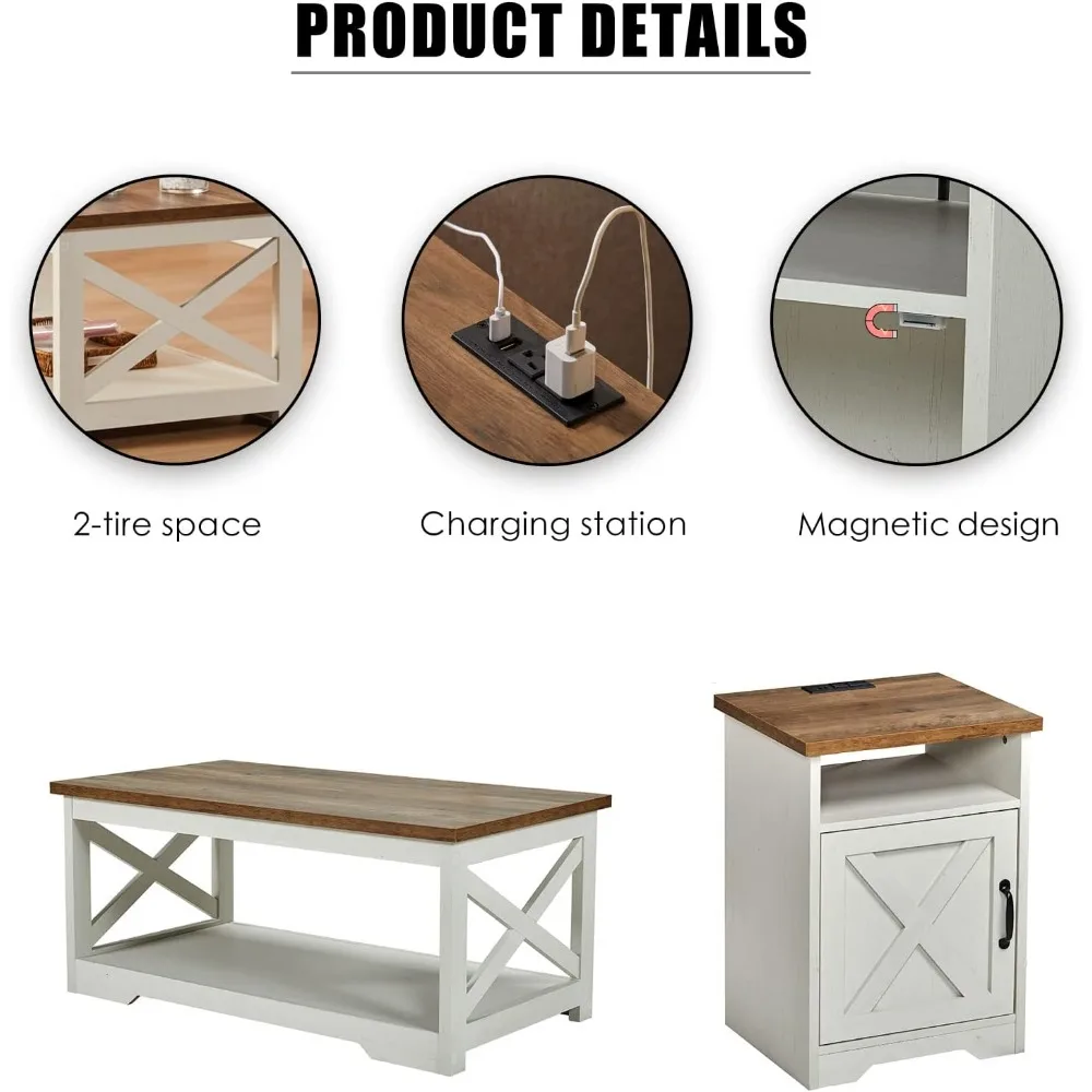 5-Piece Table Set includes Fireplace TV Stand Coffee Table& Two End Tables with Charging Station and USB Ports Distressed White