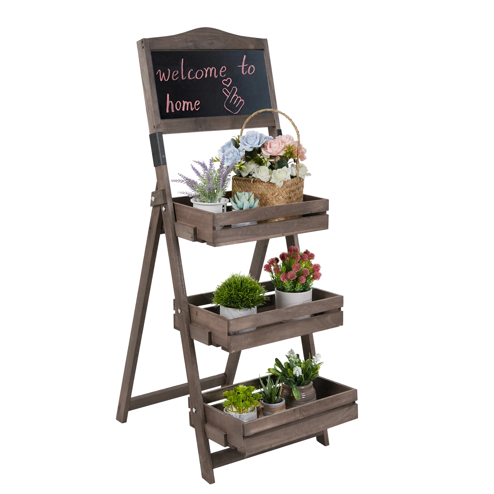 Free Standing Pavement Chalkboard Display Blackboard with 3-tier Plant Shelves Flower Rack for Outdoor Garden Advertisements