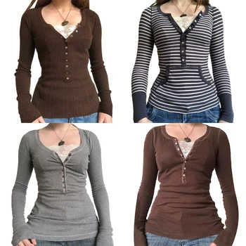 Vintage Lace Patchwork Cute Cotton Tshirts Women Korean Fashion Button Fairy Grunge Y2K Clothes Casual Spring Autumn Retro Tops 1