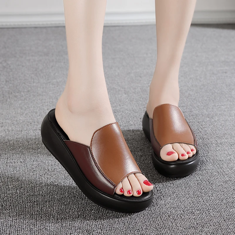 Slippers Woman Summer New 2024 Wedges Shoes For Womens Platform Middle Heel  Mother Leather Slippers Fashion External  Wear