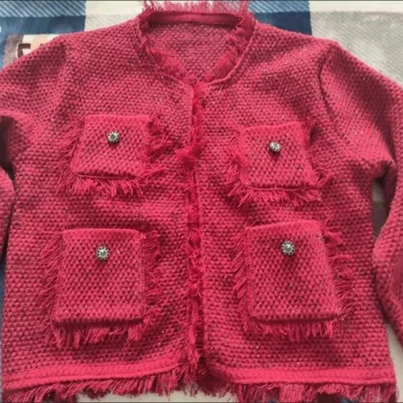 Women Vintage Tweed Jacket 2023 Korean Fashion Tassel Long Sleeve Outwear Luxury Ladies V-Neck Open Stitch Cardigans Coat S-2XL
