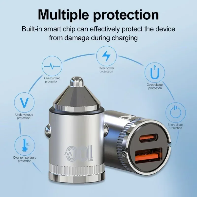 금속 합금 차량용 USB 충전기, 초고속 충전 USB-A, USB-C PD 30W, 담배 라이터 어댑터, 차량용 전화 충전기, 100W