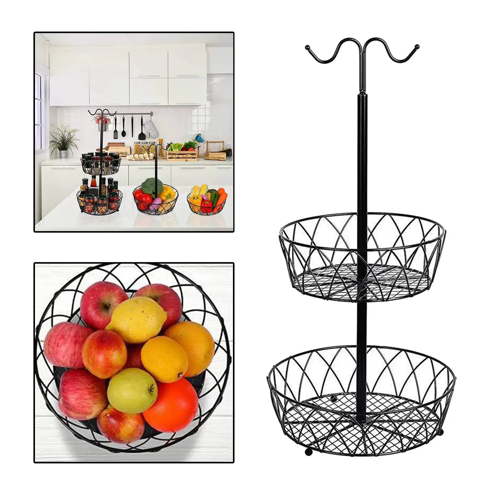 Metal Wire Fruit Basket 2 Tier with Banana Hanger Detachable Fruit Bowl Shelf Bread for Countertop Kitchen