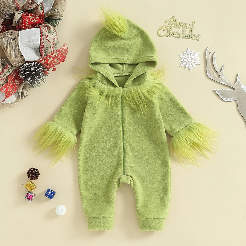 

Newborn Baby Girl Boy Christmas Costume Fuzzy Jumpsuit Romper Toddler Green Monster Costume