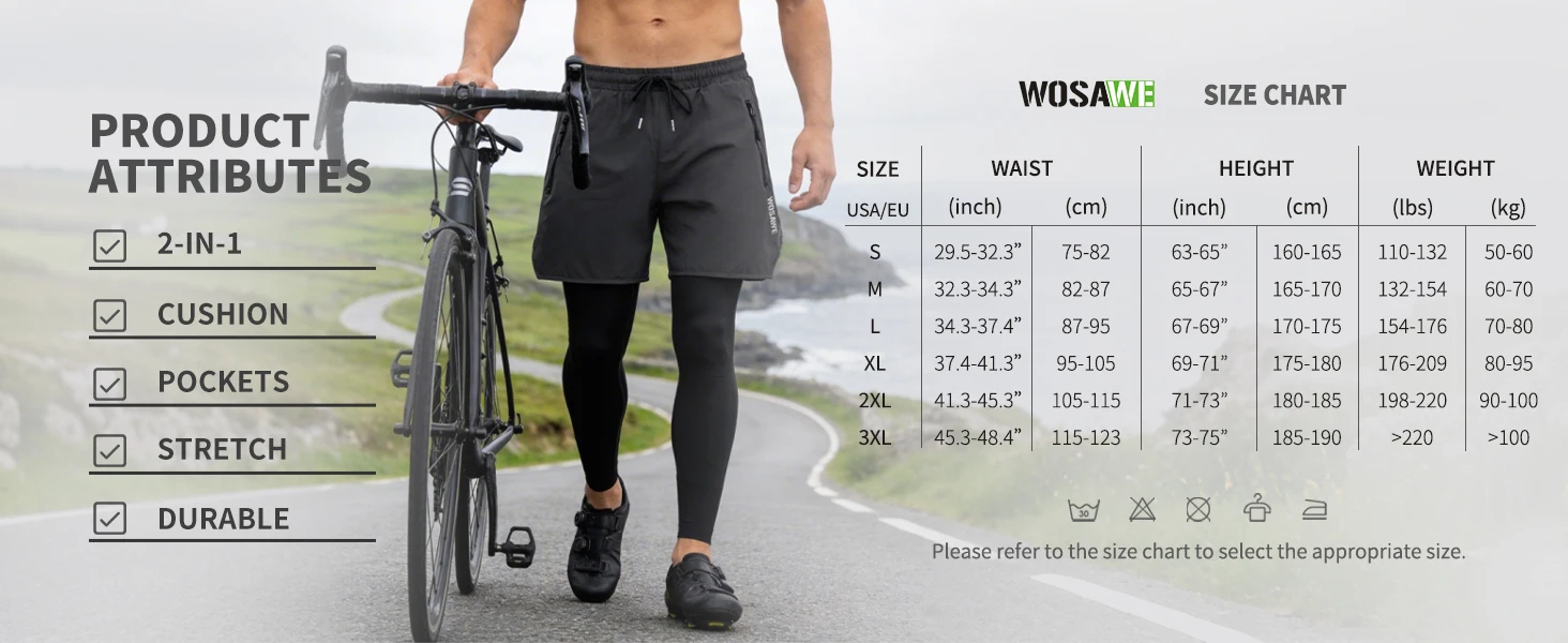 WOSAWE Herren Damen 2-in-1 Gepolsterte Fahrradhose Atmungsaktiv Schnelltrocknend MTB Bike-Hose mit Reißverschlusstaschen – Detail 7