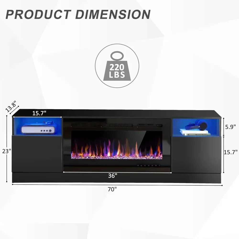 Electric Fireplace 70" Fireplace TV Stand For TVs Up to 80" With 36" Electric Fireplace TV Console For Living Room LED Light Entertainment Center