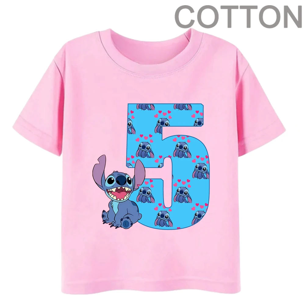 thumbnail image 1 of Camiseta de algodón para niños de Disney con combinación de nombre y dígitos 1, 2, 3 y 4 de PINK Stitch, dibujos animados Kawaii, informal, para niñas y niños, estilo Harajuku, 1 of 5