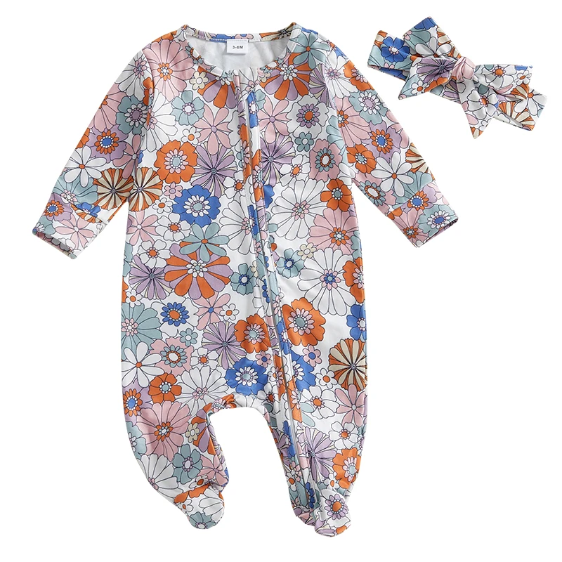 Autumn Newborn Baby Girl Fall Outfits Long Sleeve Floral Print Footie Jumpsuit Headband Set Clothes
