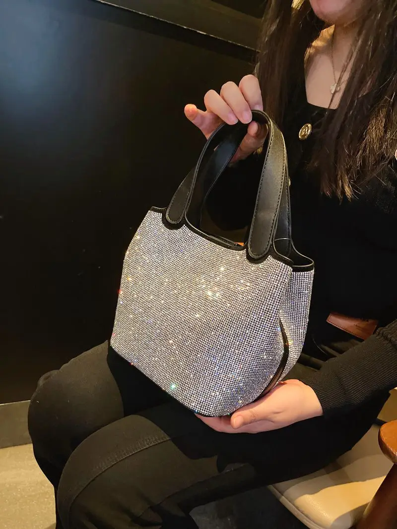 Fashion Leather Rhinestone Diamond Bucket Bag Women's Handbag Evening Bag  Dinner Party Bling Clutch Purse Shoulder Messenger Bag - AliExpress