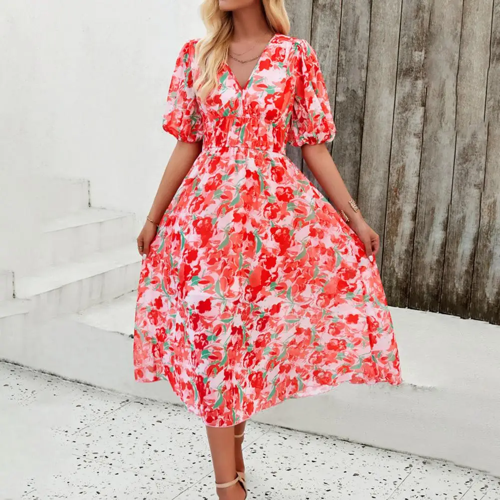 

Dating Dress Printed Dress Colorful Print V Neck Midi Dress for Women High Waist A-line Vacation Beach with Loose Hem Summer