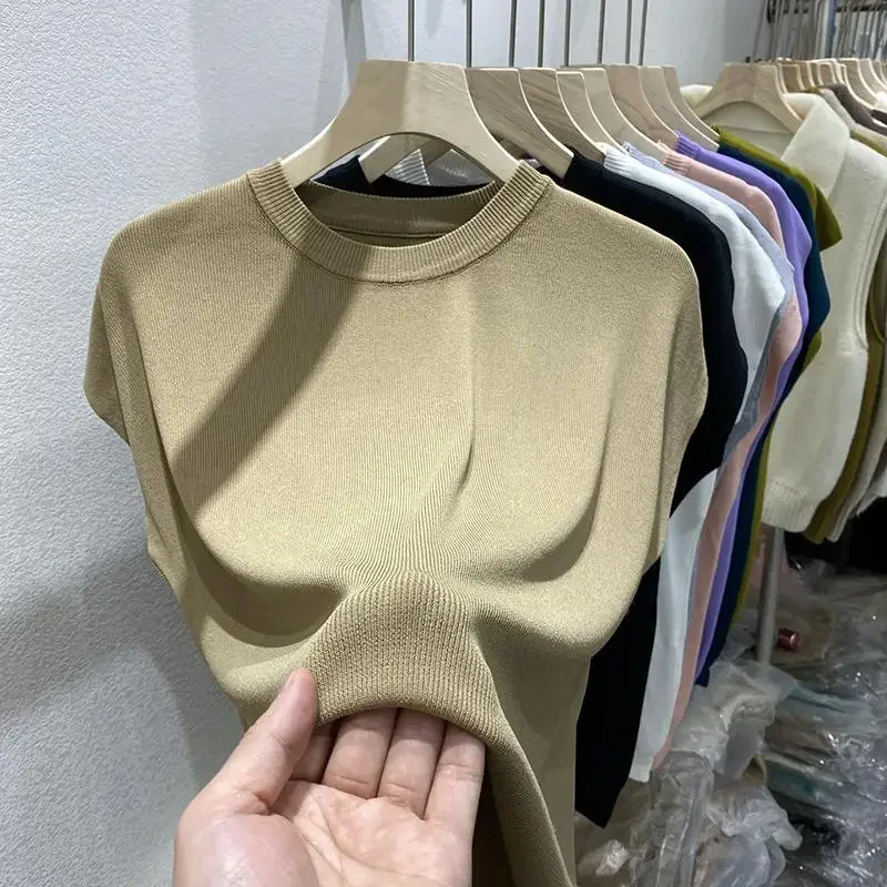 Women's T-shirt Summer O Neck Knitted Fashion Woman Blouse Short Sleeve Tees Solid Color Ice Silk Oversized T-shirt Women