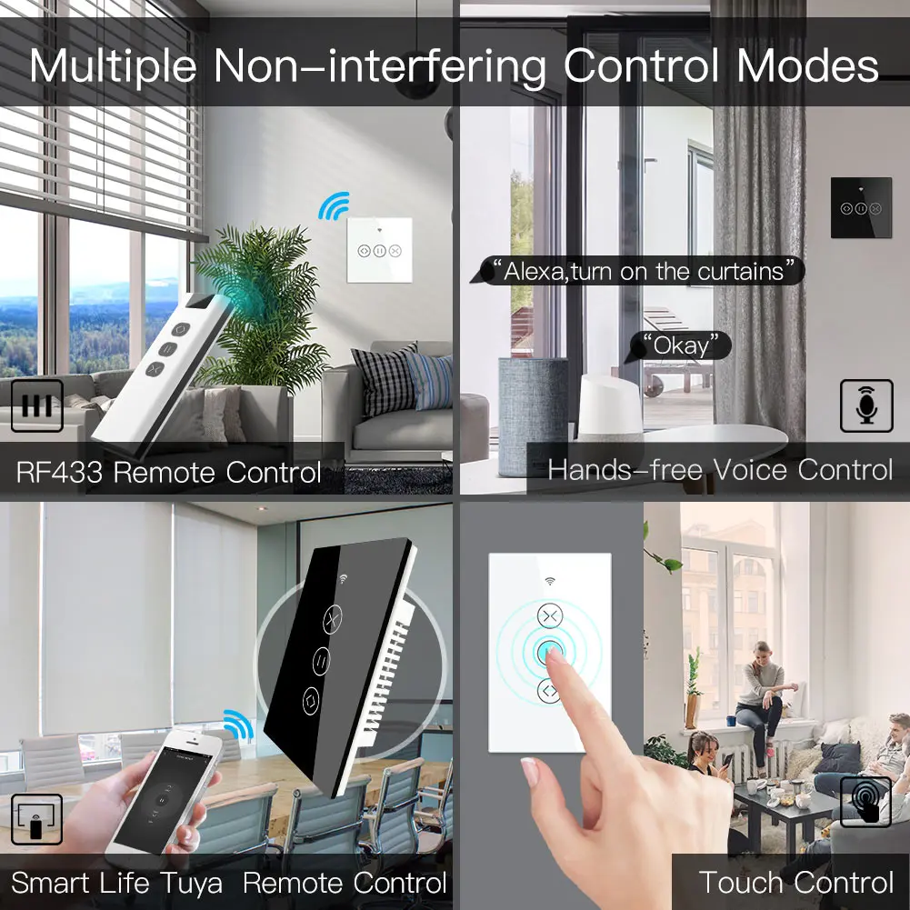 미국 EU WiFi RF433 스마트 터치 커튼 롤러 블라인드 모터 스위치 Tuya 스마트 라이프 App 원격 제어는 Alexa Google 홈과 함께 작동합니다.