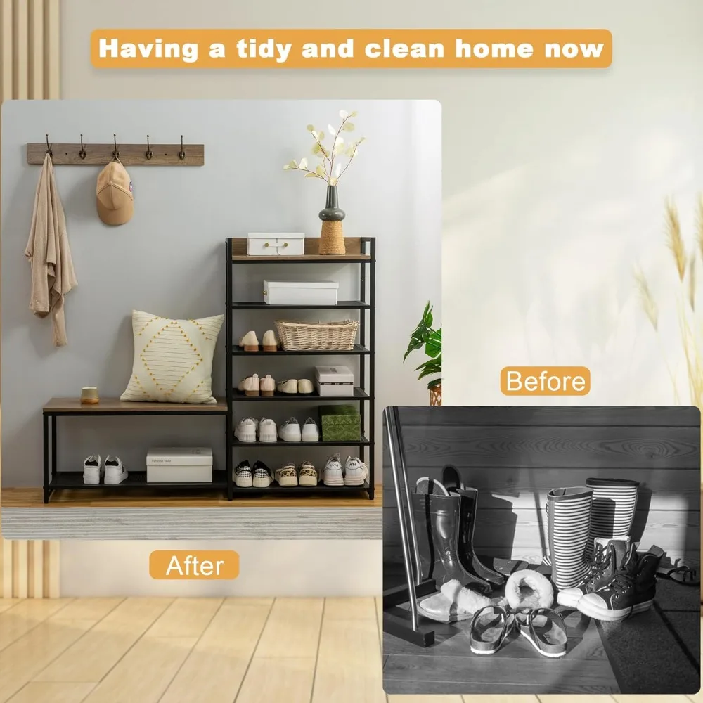 6-tier coat rack shoe bench set, entryway bench with 6 hooks coat rack, hall tree and shoe storage for entryway, hallway, garage