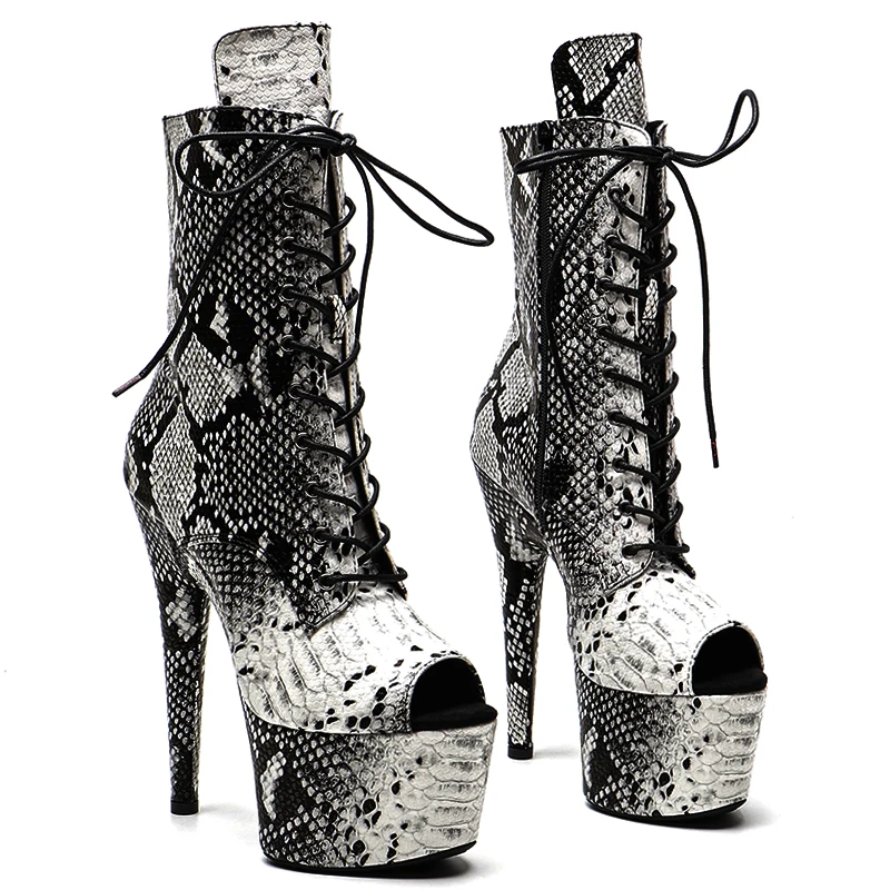 

Leecabe 17CM/7inches Snake PU Upper High Heel platform Boots Open toe Pole Dance boots
