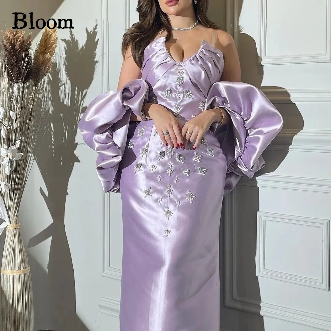 

Bloom Lavender Satin Beads Prom Dresses Ruched Cape 2-piece Arabia Noble Evening Dresses Wedding Party Dress Free Shipping