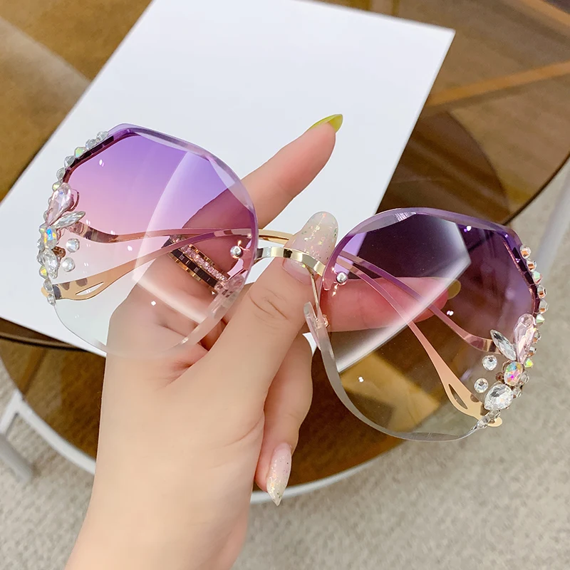 Women’s New Diamond-encrusted Sunglasses Rimless Cut Edge Sunglasses Big Face Slimming Sunglasses Best Sellers In Accessories