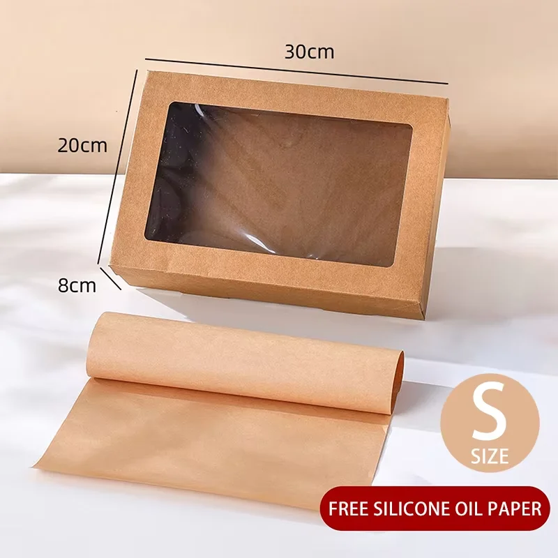 2/4/6 adet Kraft fırın kutusu, şeffaf pencereli kapaklı, katlanabilir kahverengi karton gıda sarma tepsisi, kurabiyeler için yağ geçirmez kağıt ile