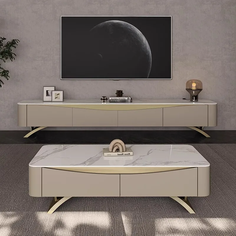 

Modern Light Luxury Rock Plate Tea Table TV Cabinet Combination Size Unit Living Room High end Luxury Rectangular Tea Table Set
