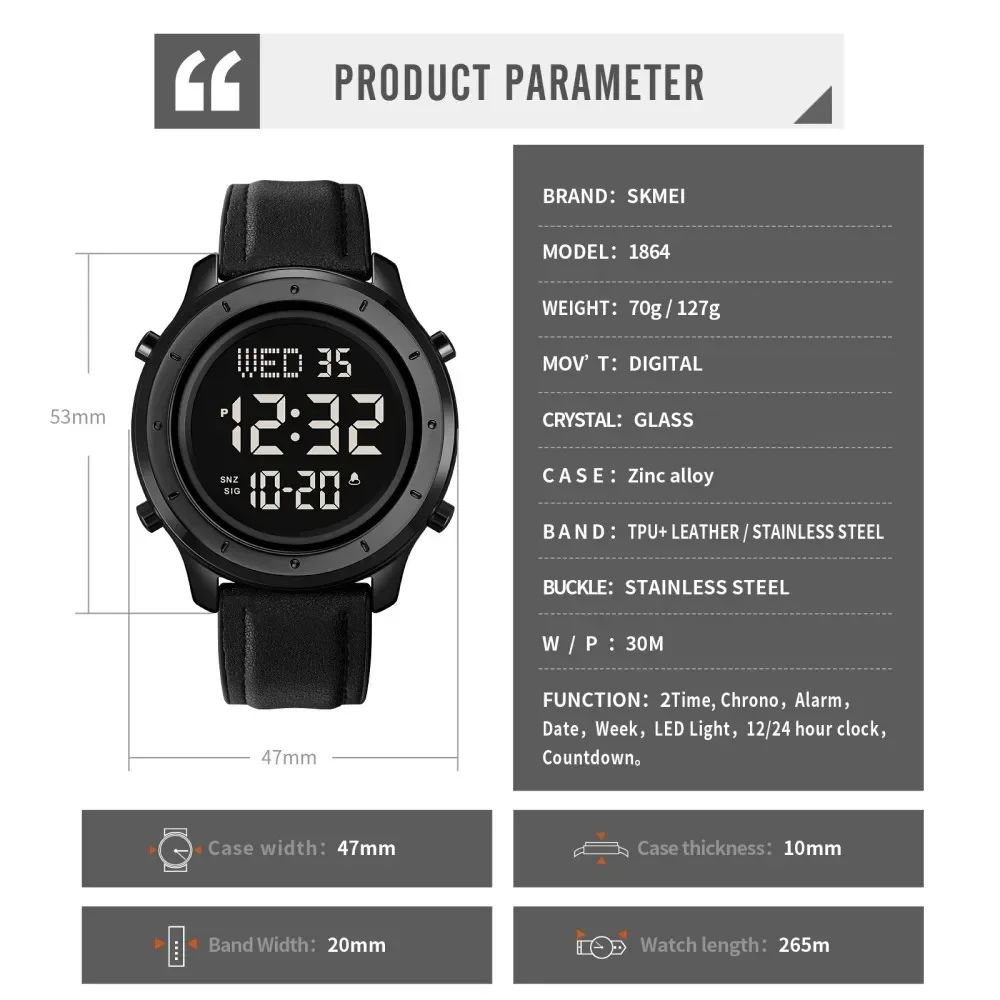 SKMEI Waterproof Countdown Calendar Digital Wristwatch reloj hombre 1864 New Sport Watches Mens Multifunction Stopwatch 6