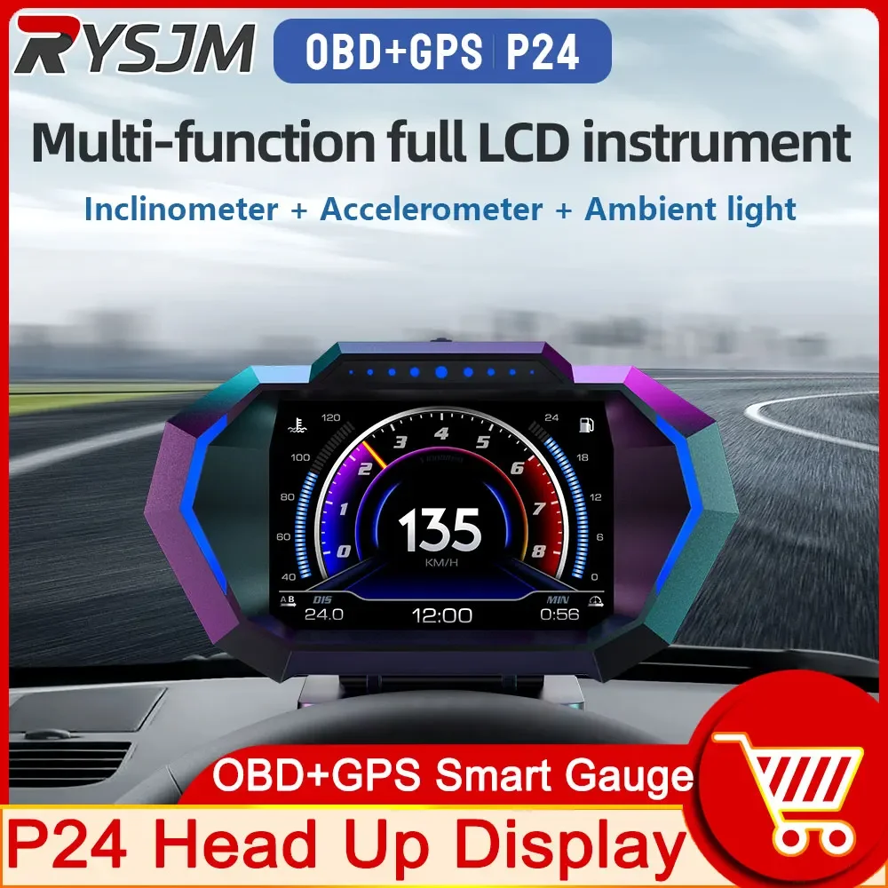 

OBD + GPS HUD P24 Car OBD Head Up Display HUD on Board Computer Digital Speedometer Water Temp Fuel Consumption Slope Meter