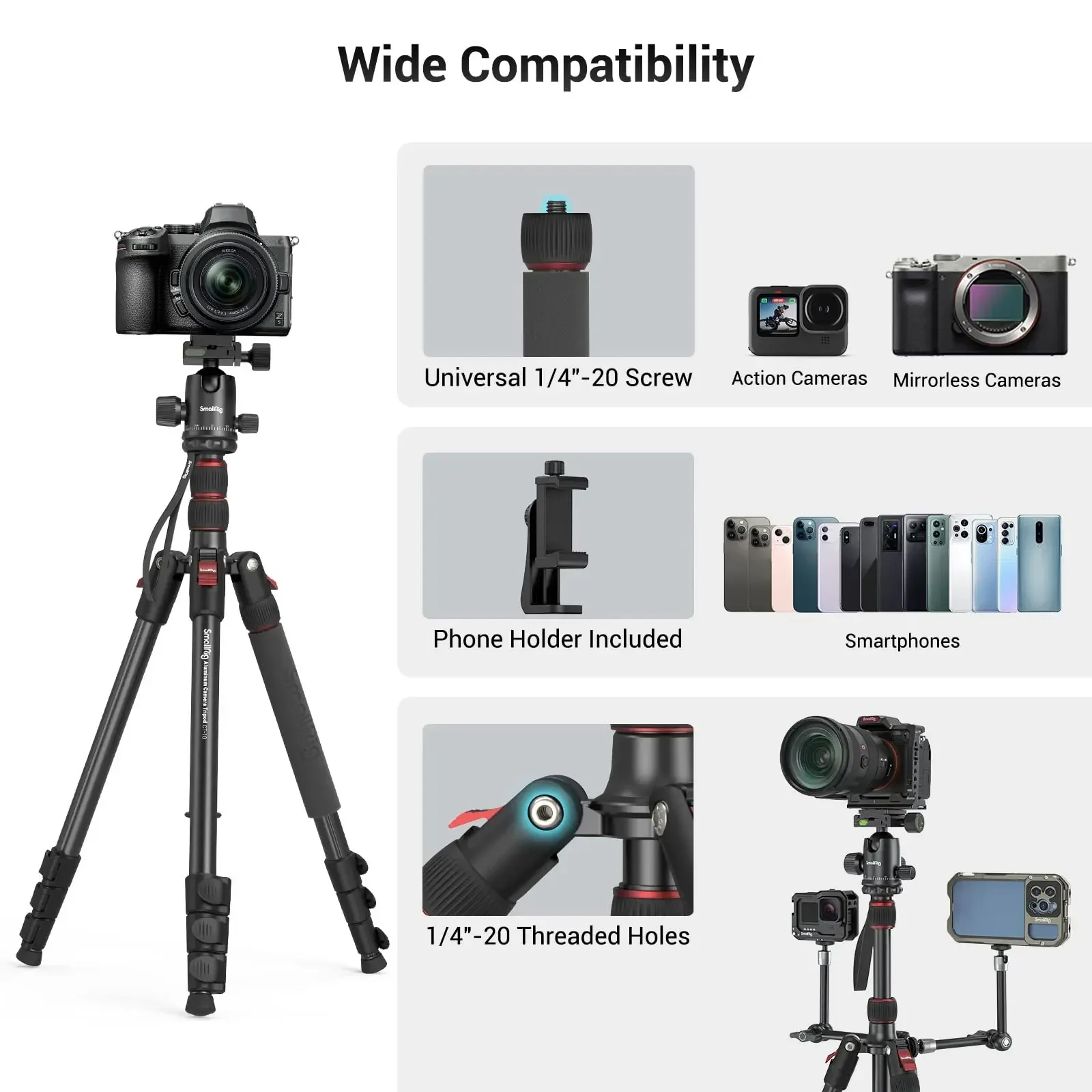 

SmallRig CT-10 Camera Tripod 71" Foldable Aluminum Tripod & Monopod 360°Ball Head Detachable Payload 33lb for DSLR Phone 3935