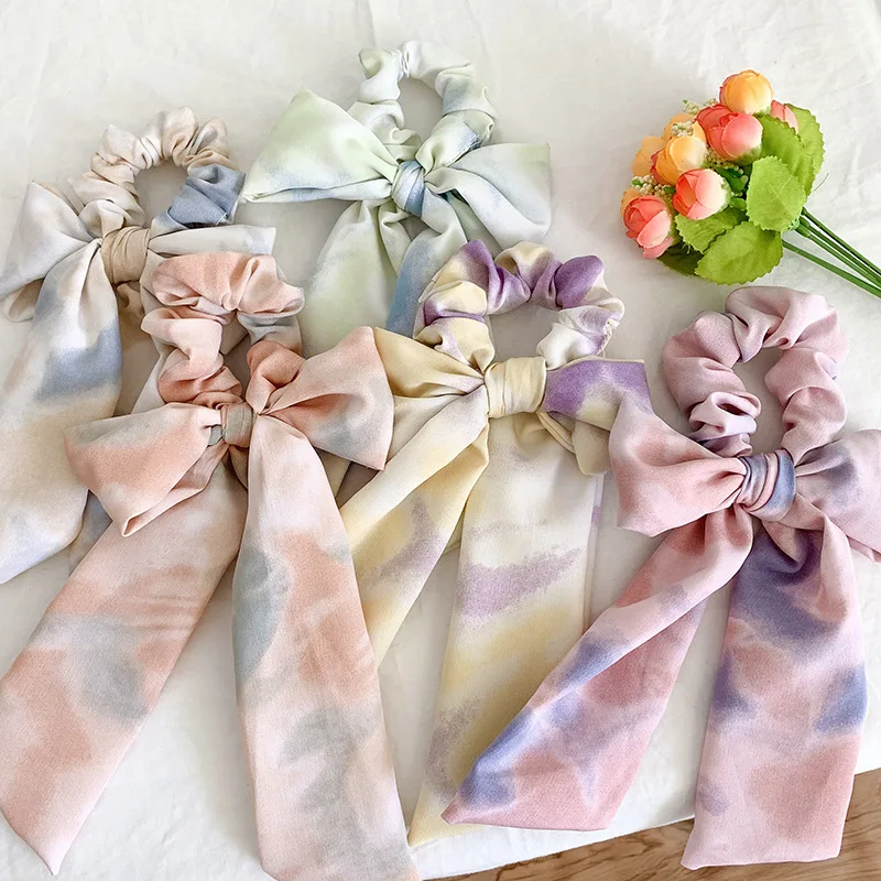 Fashion Tie-dye Big Bowknot Hair Scrunchies Women Print Satin Knot Elastic Hair Band Handmade Hair Rope Ponytail Tie Hair Ring cashmere gloves letter ribbon bowknot ring cashmere gloves korean women s fashion thicken warm touch screen gloves a416