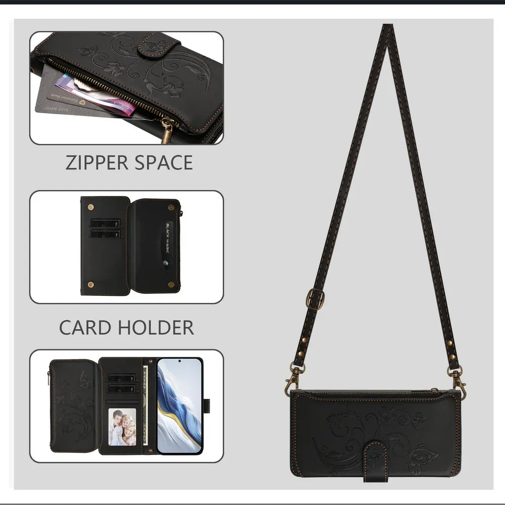 Crossbody Zipper Card Leather Flip Case Wallet Cover